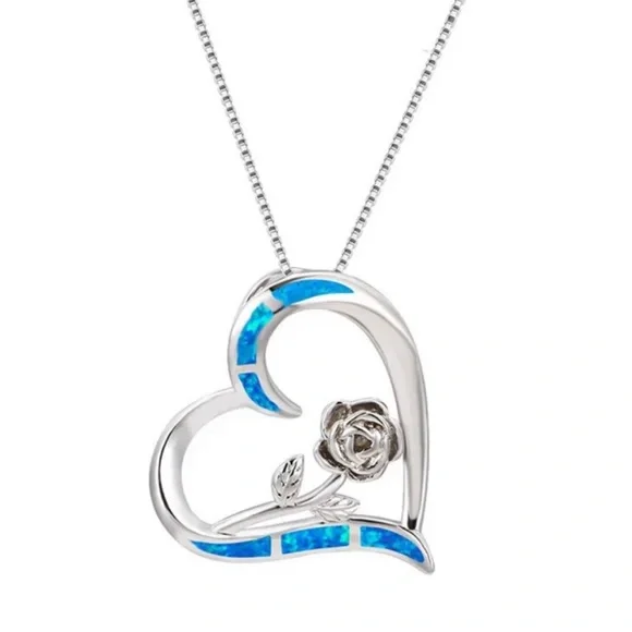 🆕 | Blue Simulated Opal | Rose Flower | 14K White Gold Plated Women’s Necklace - Picture 3 of 7